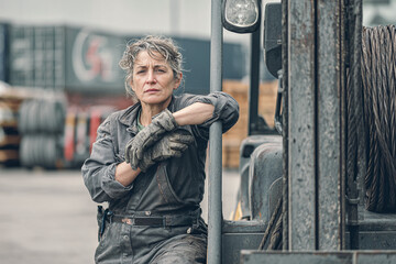 Middle-aged female metalworker leans on a forklift in a factory yard, wearing gray coverall and gloves, surrounded by containers and cables under overcast light.
