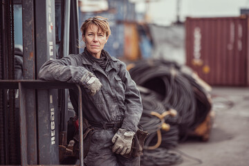 Middle-aged female metalworker leans on a forklift in a factory yard, wearing gray coverall and gloves, surrounded by containers and cables under overcast light.