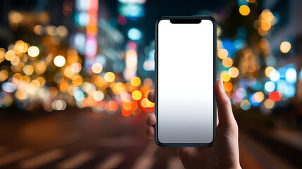 Hand holds smartphone with blank screen city lights blur behind