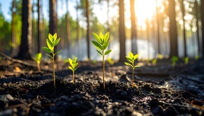 Young seedlings sprout from scorched earth in a forest, illuminated by the sun, symbolizing renewal and hope after a fire.