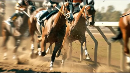 Super slow motion close up of horse racing tournament with jockeys sprinting running thoroughbred stallions to lead on finish with dust explosion in sunshine.