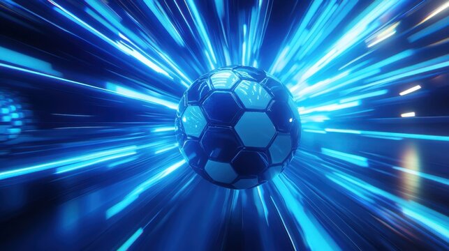 Dynamic motion of a soccer ball racing through a tunnel of luminous blue light