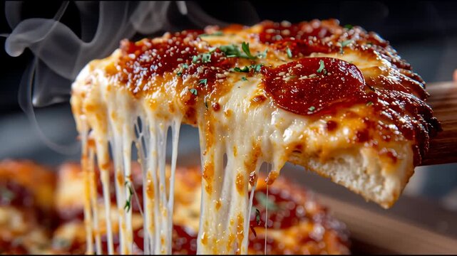 Close-up of a pizza slice being lifted with gooey melted cheese stretching, showcasing deliciousness and indulgence.