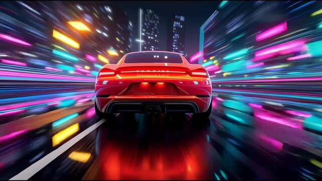 Rear view of a red sports car racing at high speed on neon highway. Power acceleration on a night track with colorful lights. Futuristic digital background. 3d concept of velocity and technology.