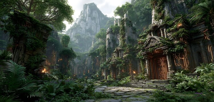 Deep jungle ruins embedded with orange glowing AI circuits and tech vines