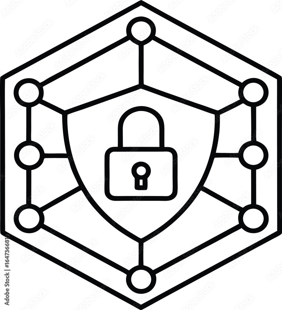Poster cybersecurity icon with shield and padlock inside a hexagonal network symbol technology