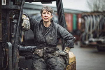 Middle-aged female metalworker leans on a forklift in a factory yard, wearing gray coverall and gloves, surrounded by containers and cables under overcast light.