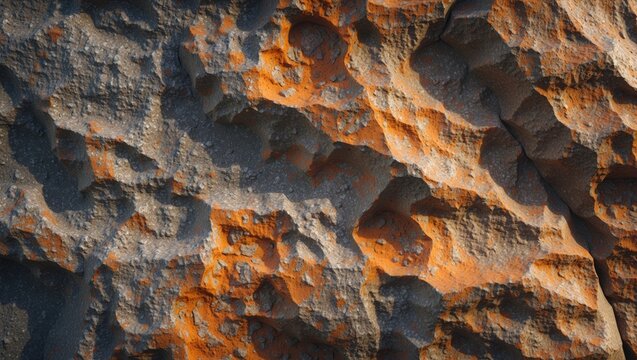 Aerial view of rugged mountain rocks with orange and gray tones, showing steep cliffs and textured surfaces.