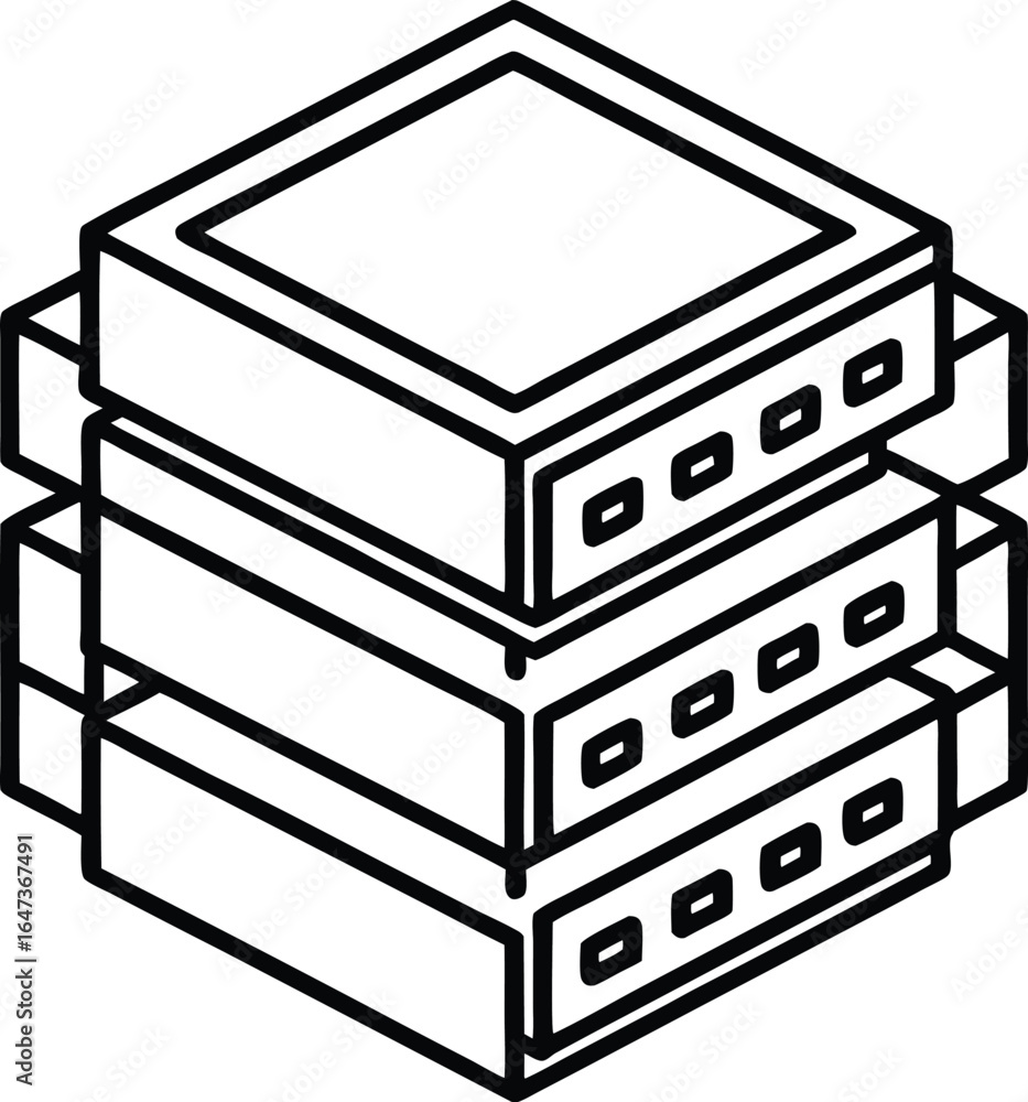 Poster isometric line drawing of stacked server racks computer technology