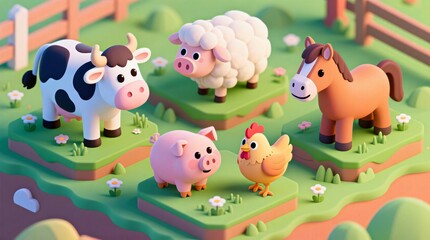 Obraz premium Adorable Farm Animals 3D Render Cow Sheep Pig Horse Chicken in Cartoon Style Pasture
