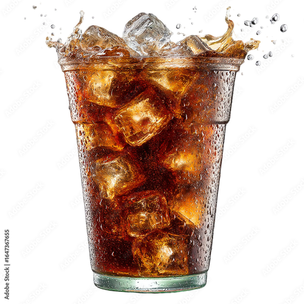 Poster refreshing cola beverage with ice cubes in a glass on a simple backdrop