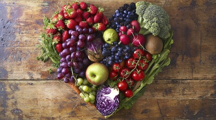 A vibrant heart-shaped display of fresh produce on a weathered wooden table, celebrating natural abundance.
