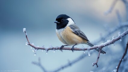 Obraz premium A small bird perched on a frosty branch with ice droplets, showcasing nature's winter scene.