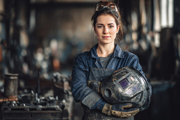 Strong woman in dark blue jumpsuit holds welding helmet under her arm in a metal workshop, wearing safety goggles and gloves, with industrial tools blurred behind her.