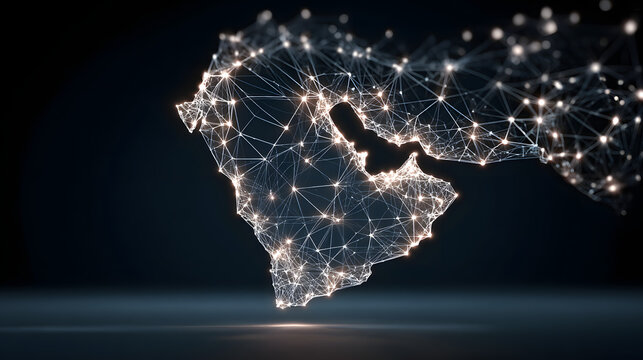 Abstract map of saudi arabia, middle east and north africa, concept of global network and connectivity, data transfer and cyber technology, information exchange and telecommunication
