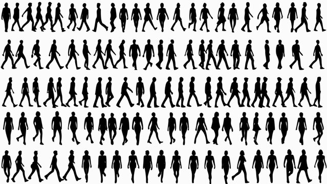 Black silhouettes of people walking in rows on a white background depicting pedestrian movement patterns