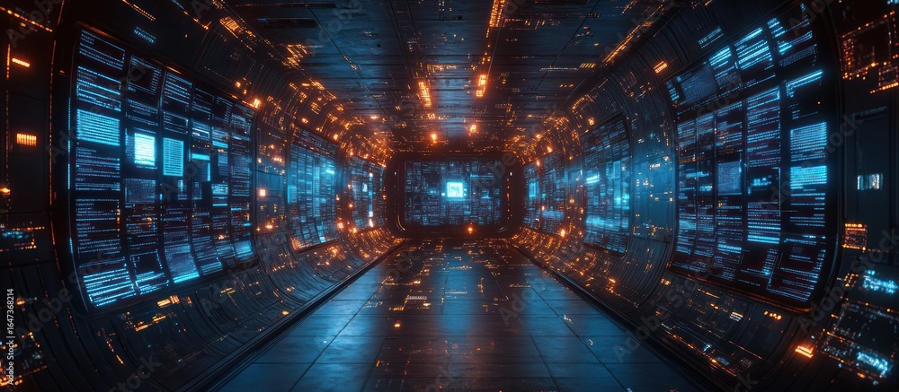 Poster futuristic data tunnel with glowing screens and digital information.