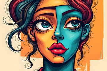 pop art freak cubism abstract face part cubism art style, decorative, line art hand drawn illustration