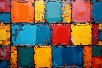 pop art cubism Abstract colorful mural in square composition. Geometric mosaic background with blank labels and license plates pattern design. Low poly multi color painting