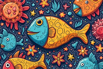 pop art freak Colorful abstract doodle sea life background