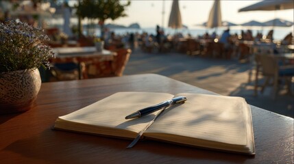 A solitary open notebook and pen catching the last warm rays at a coastal cafe horizon line softened, airy summer evening atmosphere