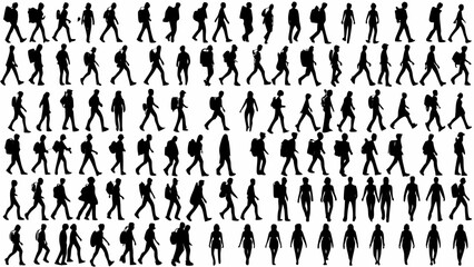 Silhouette crowd of people walking and standing in various poses and with different types of backpacks
