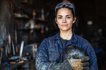 Strong woman in dark blue jumpsuit holds welding helmet under her arm in a metal workshop, wearing safety goggles and gloves, with industrial tools blurred behind her.