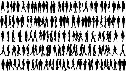 Silhouette crowd of people walking in various directions and poses on a white background design element