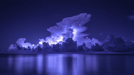 Luminous storm clouds reflecting on calm water at night