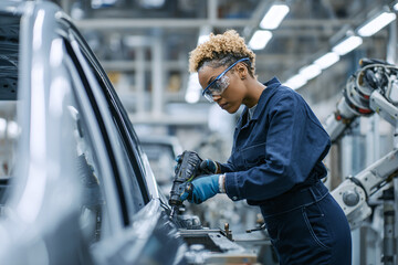 Woman in navy uniform with safety goggles and gloves installs a car door using a power tool on a modern assembly line, surrounded by robotic arms and bright factory lighting.