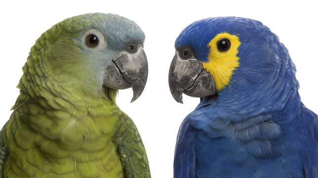 Two colorful parrots face each other
