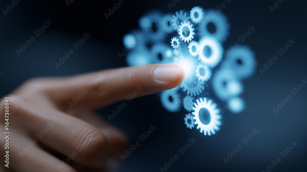 Poster holographic interface with data processing symbol and glowing gears