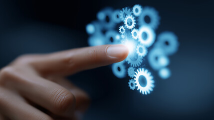 Holographic interface with data processing symbol and glowing gears