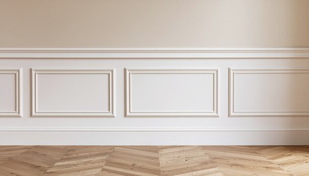 Elegant interior with white wainscoting and beige wall over a herringbone wood floor.