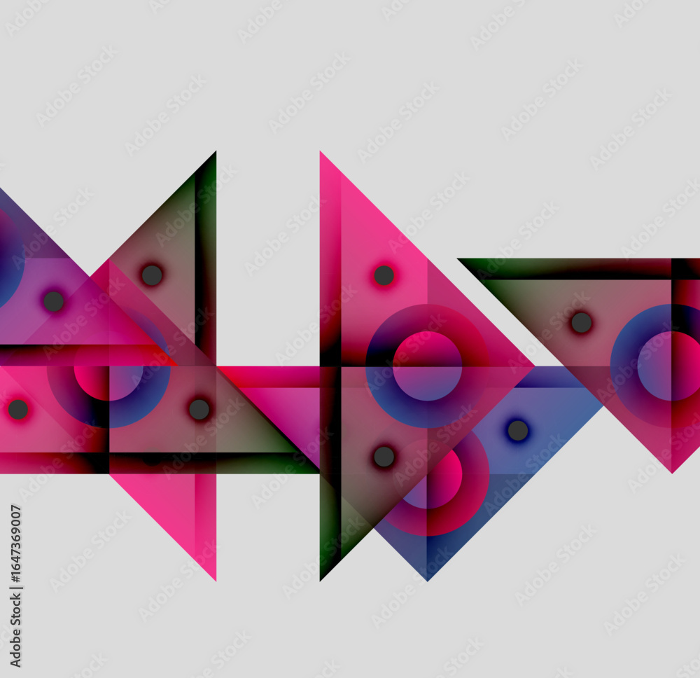 Poster abstract geometric shapes overlap, creating vibrant color blends. triangles, rectangles, circles for