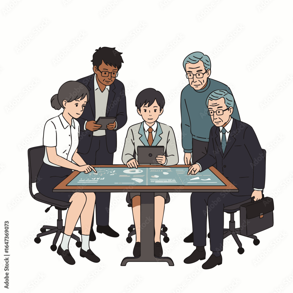 Poster a diverse, multi-generational global team collaborates effectively around an interactive digital tab