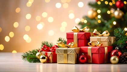 Elegant red and gold Christmas gift boxes arranged by a fir tree, with festive golden bokeh lights creating a warm holiday atmosphere.