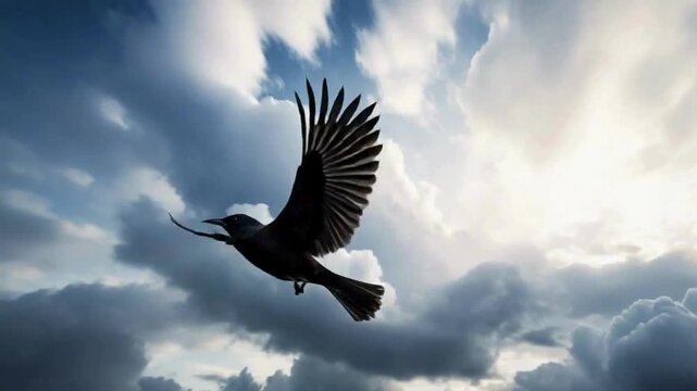 A solitary crow in midflight, wings spread wide against a dramatic sky filled with dark, billowing clouds, symbolizing freedom and power