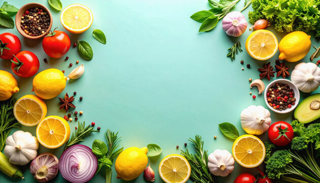 Fresh and colorful vegetables and fruits arranged in a circle for quick recipes and healthy meal preparation ideas