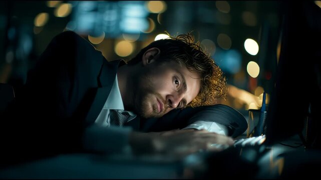Caucasian guy sleeping tired businessman sleep nap at dark night office lost health problem insomnia overtime male business man workaholic overworked exhausted awake stressed typing computer deadline