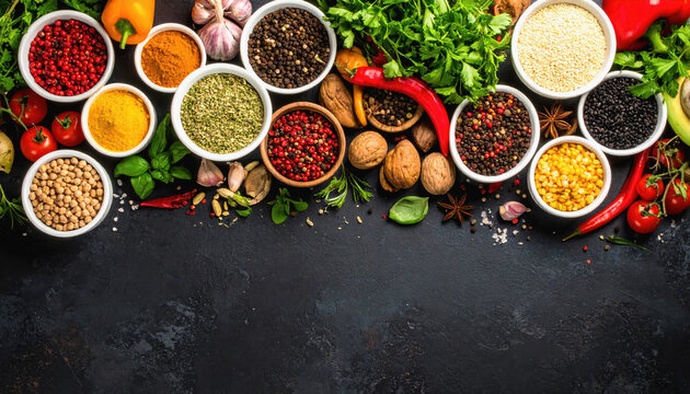 A varied collection of spices and herbs perfectly arranged for quick recipes and culinary exploration inspiration