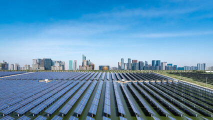 Solar Panels in Urban Area with Modern Skyline