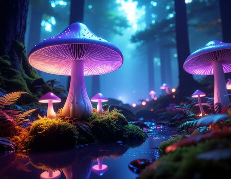 Fantasy glowing mushrooms in a dark forest, neon blue and purple magical lighting