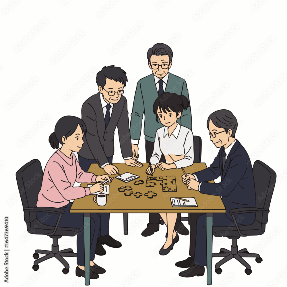 Poster a diverse, multi-generational business team collaboratively solves a complex problem during an inclu
