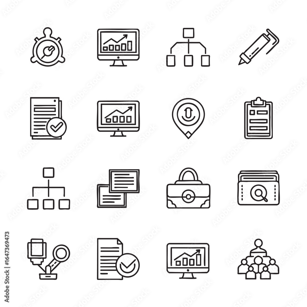 Poster business and workflow icons including charts graphs organizational structure documents and analysis 