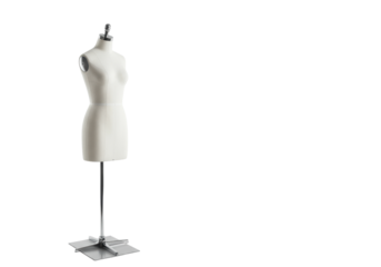 Pristine modern female dress form mannequin with sleek metallic stand, clean symmetrical lines, isolated on transparent studio background, concept of design innovation and fashion potential