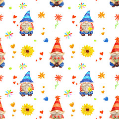 Seamless watercolor pattern with cute gnomes and flowers, hearts. Spring, summer, St Valentine Day.