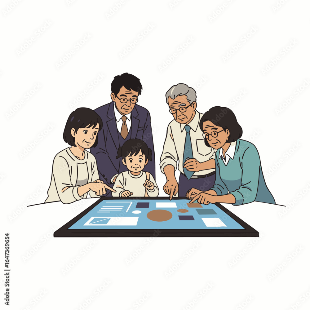 Poster a multi-generational, diverse group of individuals collaboratively engages with an interactive digit