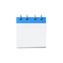 Blank calendar page with blue top and spiral binding isolated on transparent background