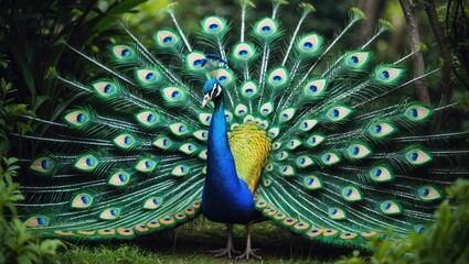 Obraz premium Peacock displaying its colorful tail feathers in a lush green environment.